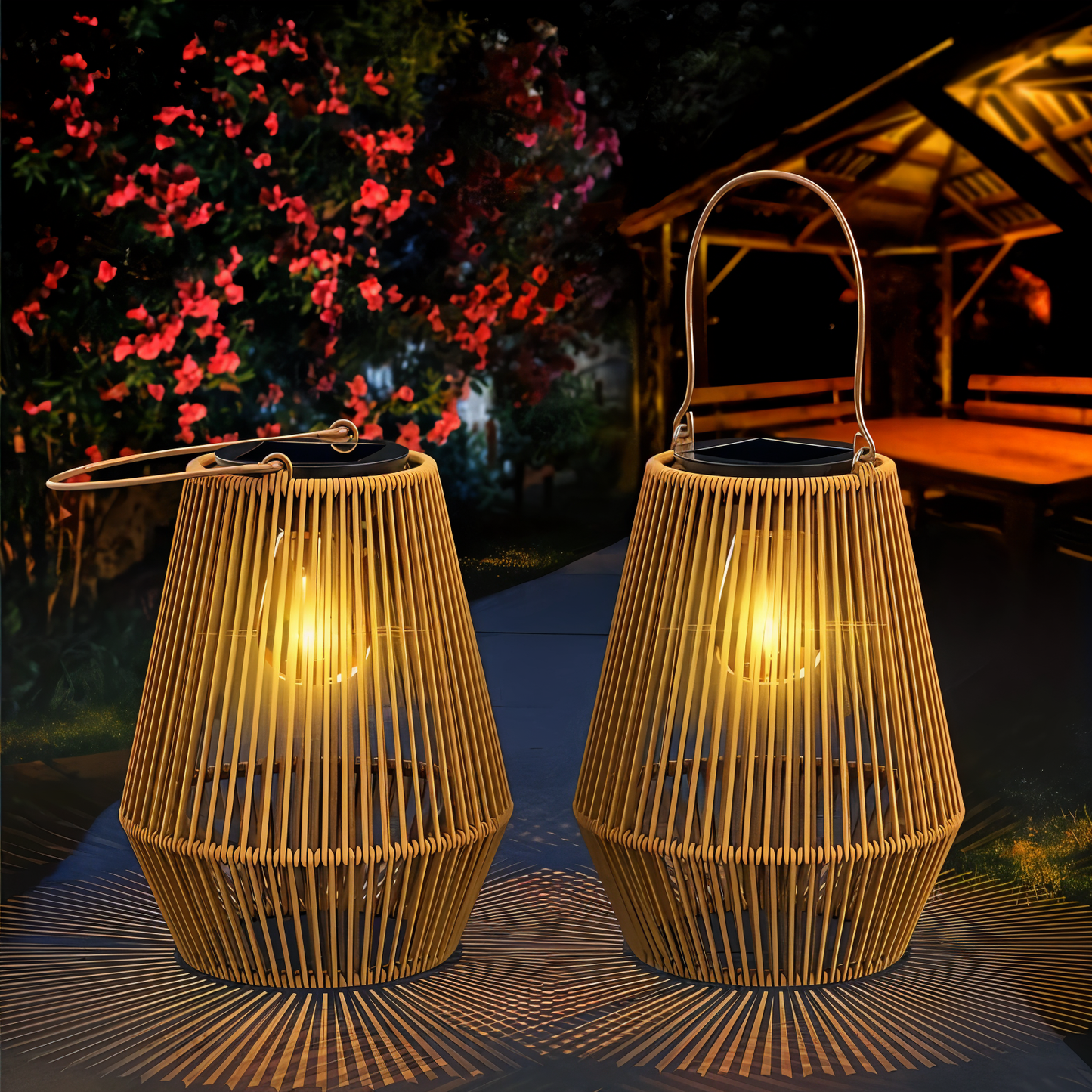 Two rattan cage solar lanterns with warm glow, EcoBright tech, and metal handles, displayed in a cozy garden setting.