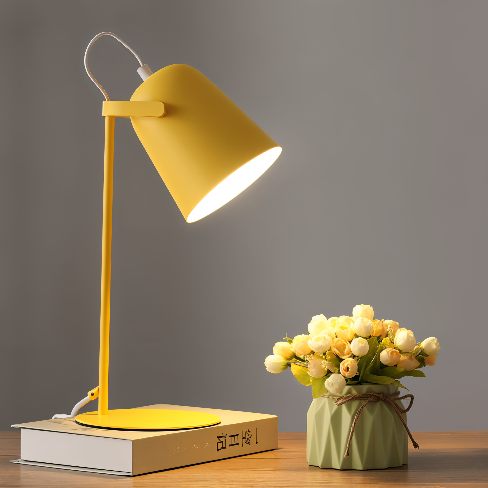 Nordic yellow Fitlybuy Macaron desk lamp with adjustable head, illuminating a table next to a small potted flower vase.