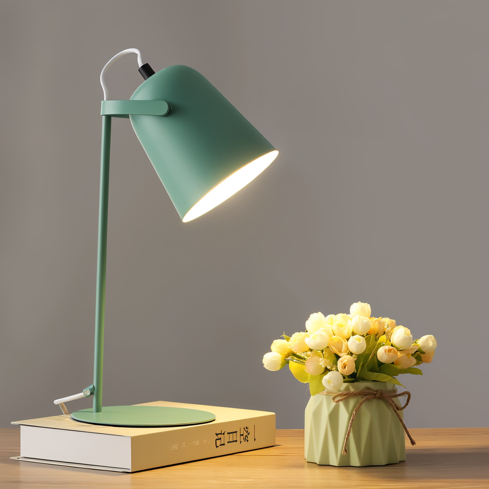 Fitlybuy Macaron desk lamp in sage green with an adjustable head, illuminating a book and a small vase of flowers.