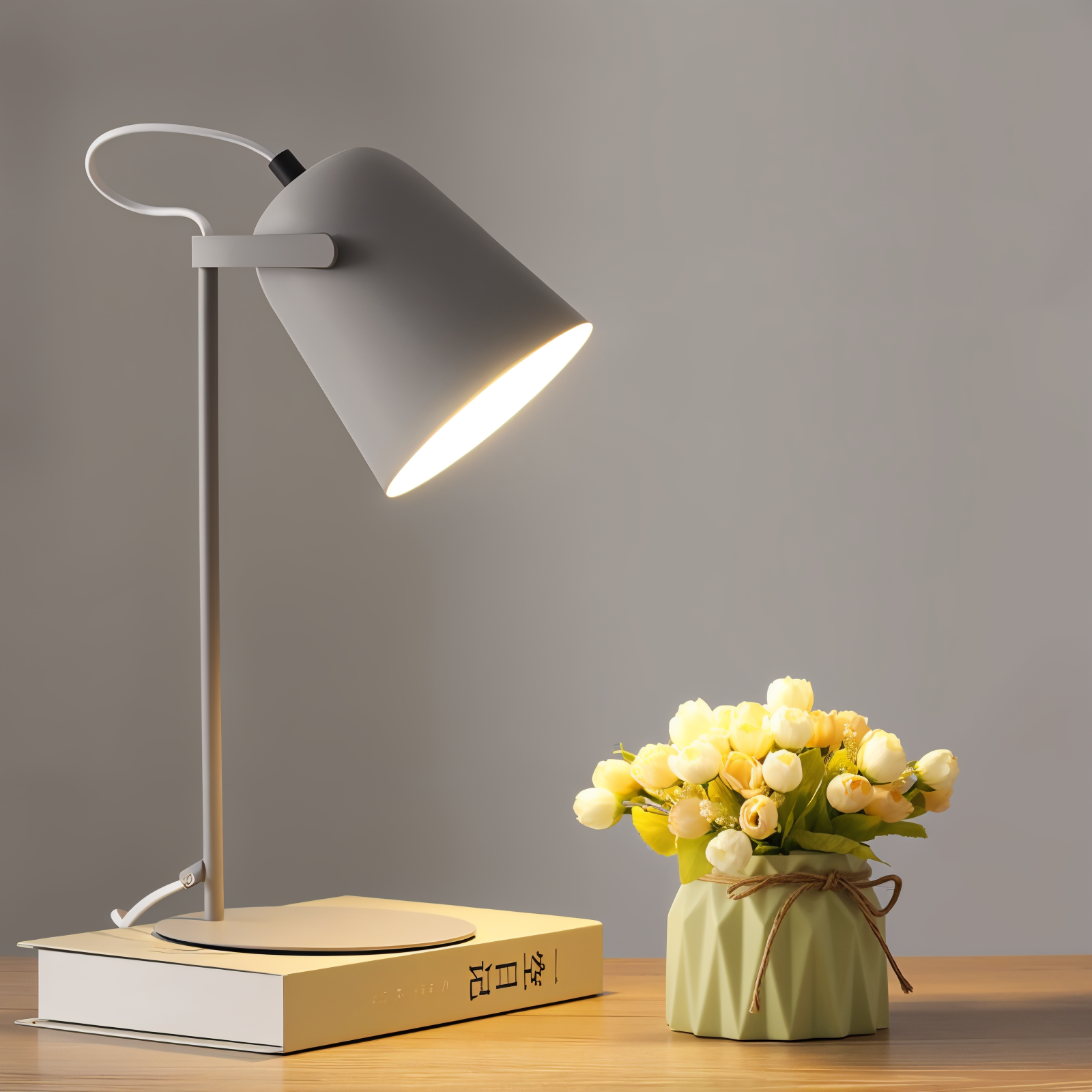 Fitlybuy gray Nordic adjustable desk lamp casting warm light onto a book next to a small green vase of yellow flowers.