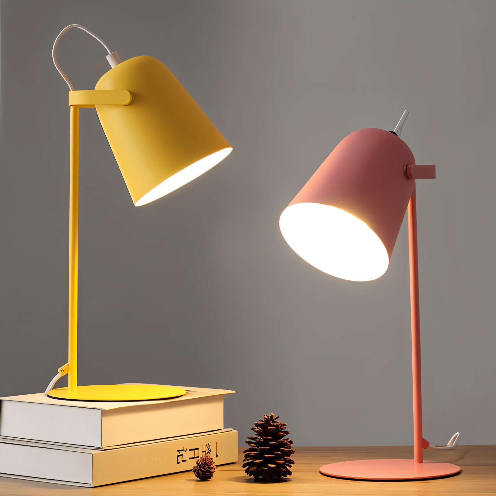Fitlybuy Macaron desk lamps in yellow and pink on a wooden desk with books and pinecones.