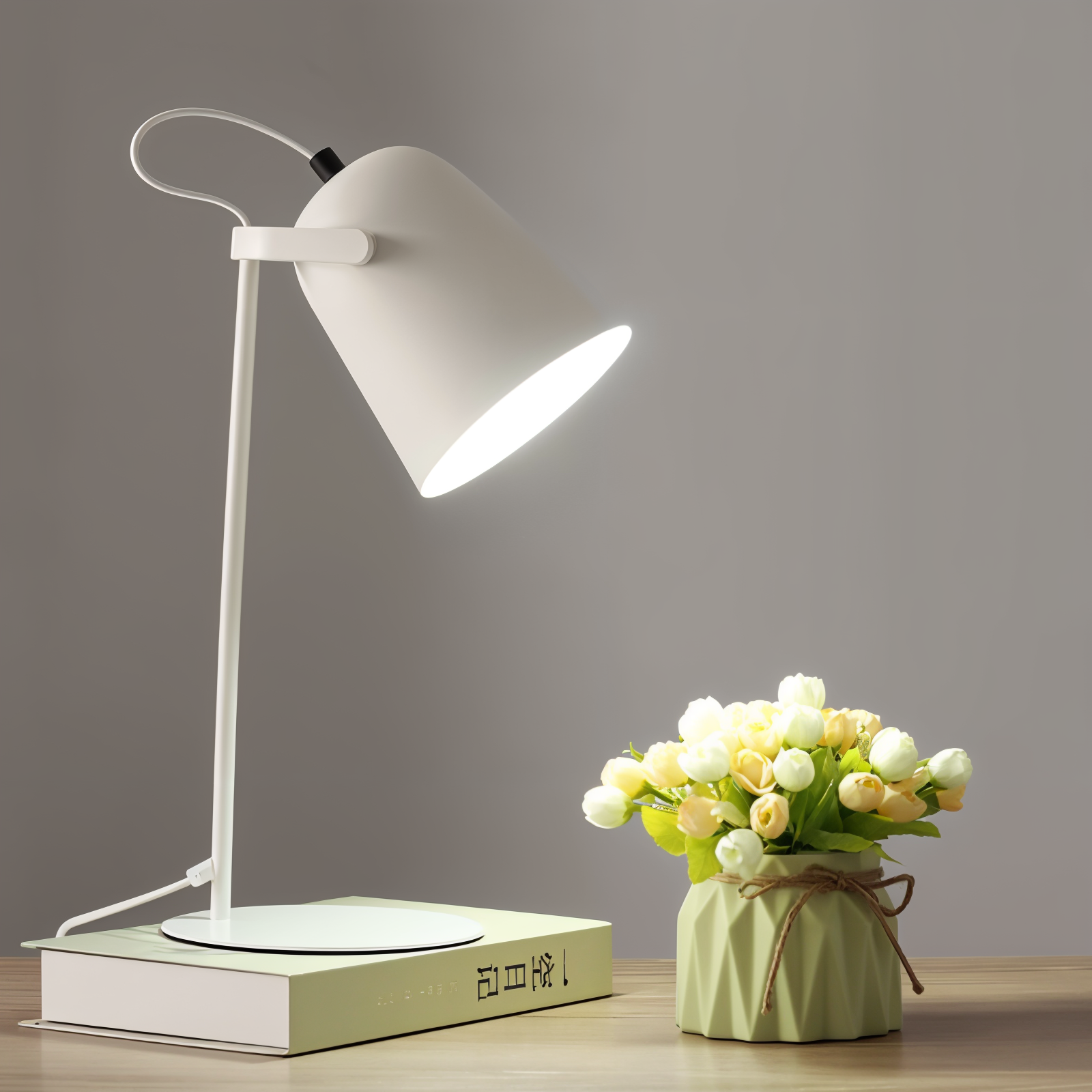 Fitlybuy Nordic Macaron desk lamp in matte white, illuminating a small vase of yellow flowers on a book.