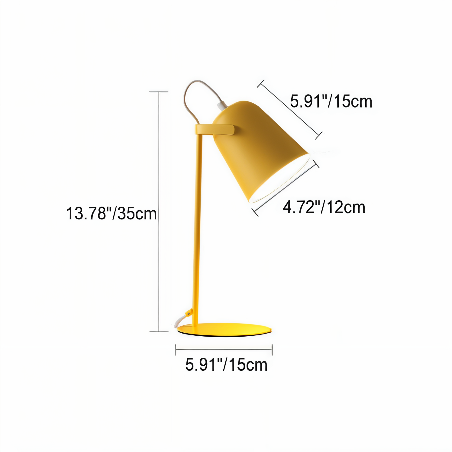 Fitlybuy Nordic yellow macaron desk lamp with adjustable head, shown with height and width dimension measurements.