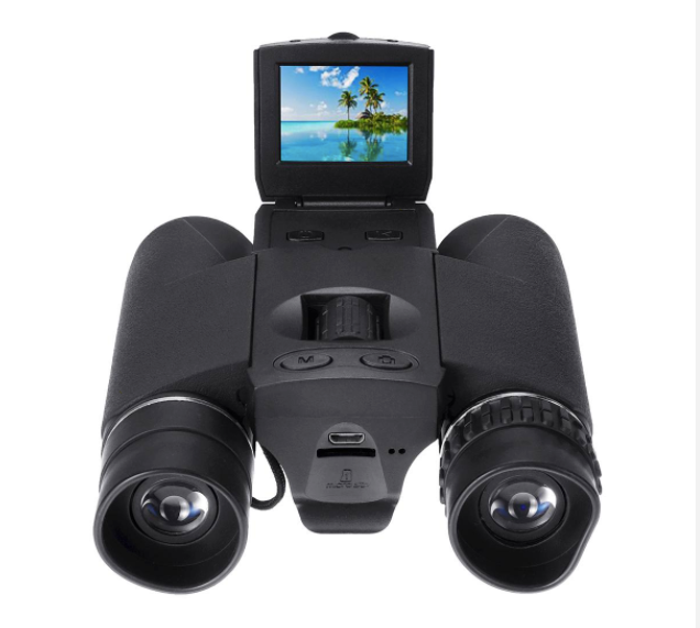 Black Fitlybuy binoculars with built-in camera, 10x zoom, and flip-up screen showing a beach scene.