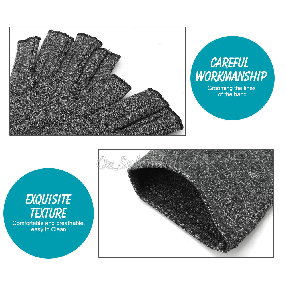 Fitlybuy grey fingerless therapeutic compression gloves showing breathable texture and careful stitching detail.