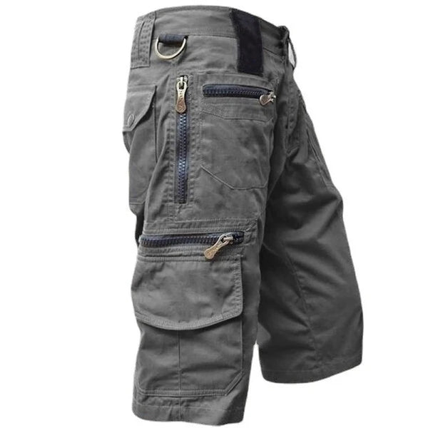 Fitlybuy men's dark gray cargo shorts with multiple zippered utility pockets and a D-ring belt loop for outdoor use.