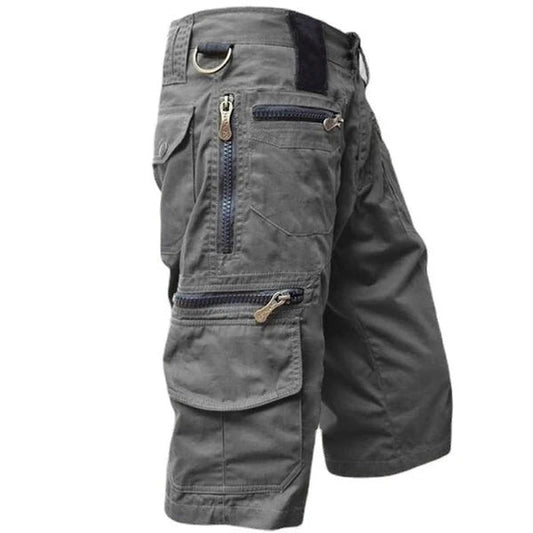 Fitlybuy men's dark gray cargo shorts with multiple zippered utility pockets and a D-ring belt loop for outdoor use.