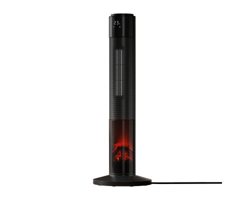 Black Fitlybuy ceramic tower heater with digital display, grille, and glowing 3D flame effect base on white background.
