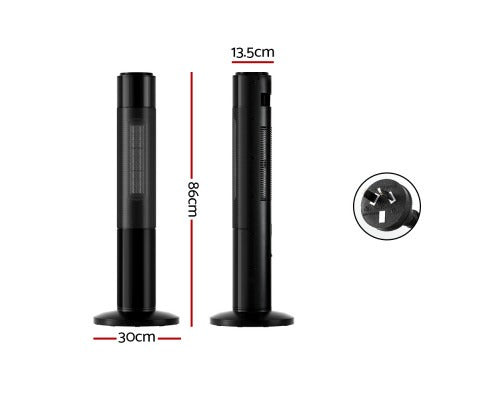 Fitlybuy 2000W black ceramic tower heater with 3D flame effect, showing dimensions (86x30x13.5cm) and power plug.