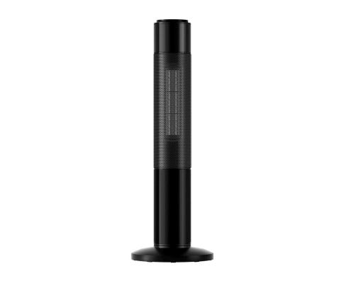 Black Fitlybuy ceramic tower heater with a vertical grill design, 2000W output, and 3D flame display on white background.