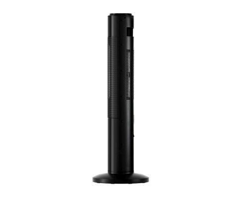 Tall, black Fitlybuy ceramic tower heater with 3D flame effect, energy-efficient 2000W design, isolated on white.