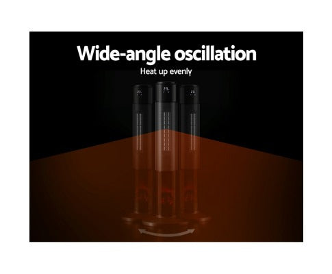 Fitlybuy 2000W black ceramic tower heater showing wide-angle oscillation and 3D flame effect for even heating.