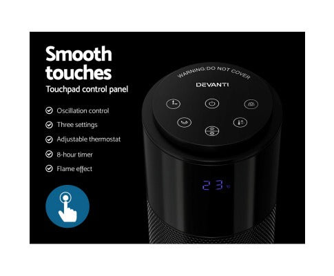 Black Devanti tower heater with top touch control panel, digital display, and key features list on a black background.