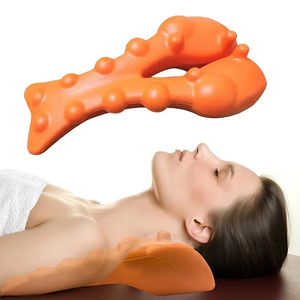 Orange Fitlybuy cervical traction device with massage nodes under a person’s neck to demonstrate proper use.