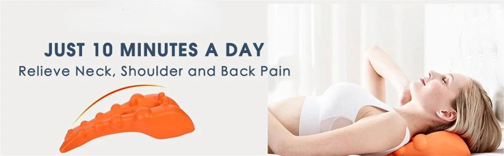 Orange Fitlybuy neck stretcher massager for pain relief, shown in use by a woman lying down on a bed.