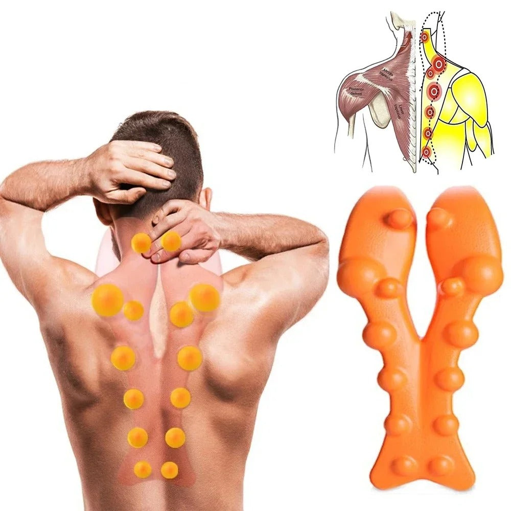 Fitlybuy orange cervical neck stretcher massager showing anatomical pressure points on a human back for pain relief.