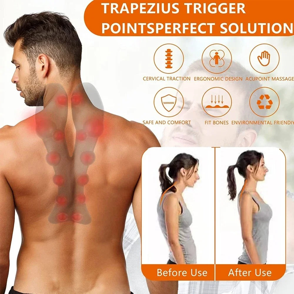 Fitlybuy cervical neck stretcher massager showing posture correction, trigger points, and ComfortFlex support system.