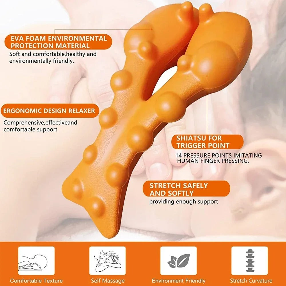 Orange EVA foam neck stretcher with 14 massage nodes for cervical traction and trigger point relief.