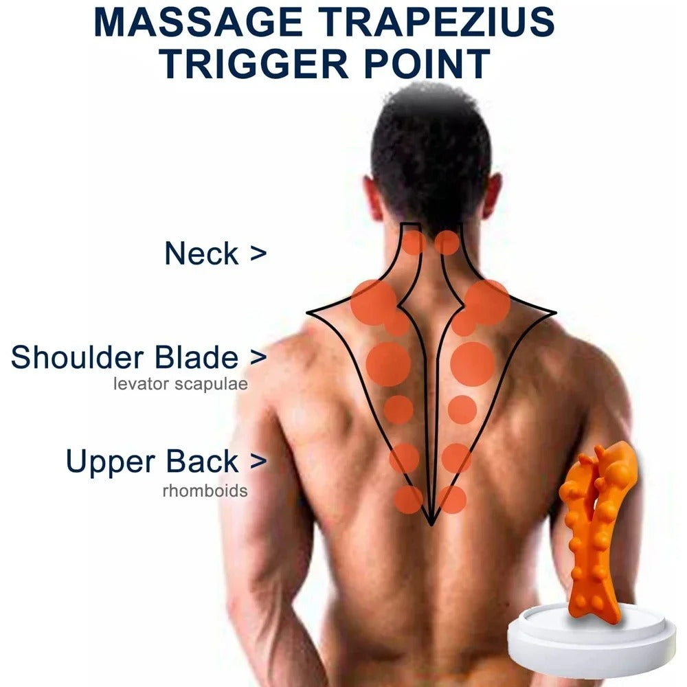 Orange Fitlybuy neck stretcher and trapezius massager shown against a human back diagram highlighting trigger points.