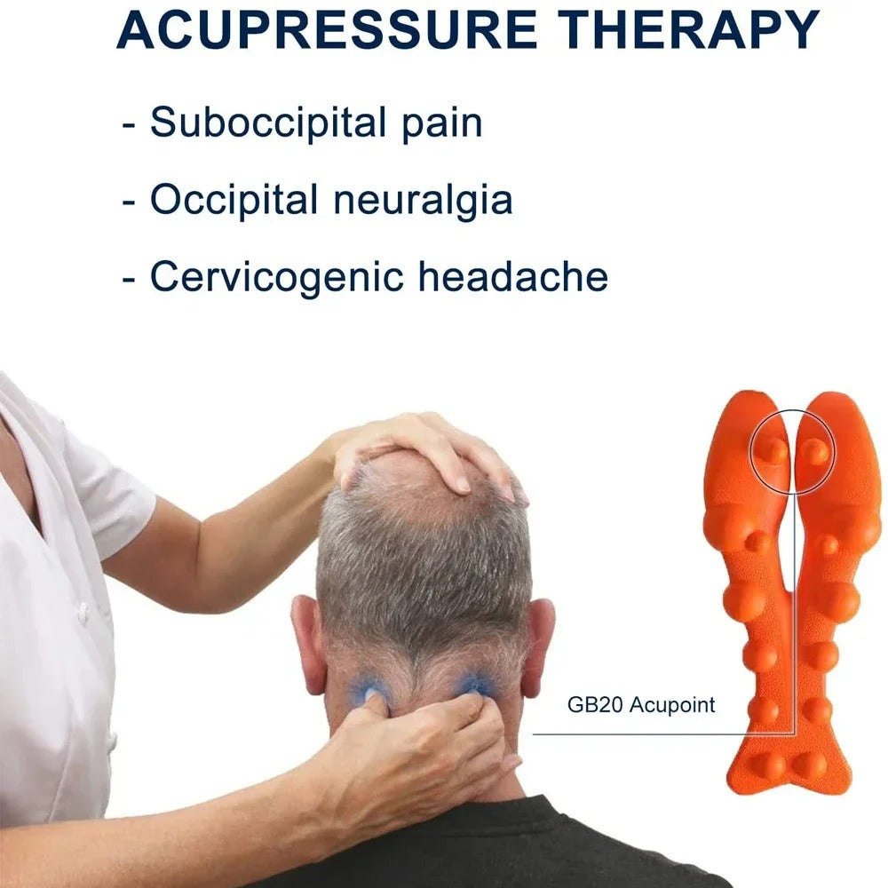 Orange Fitlybuy neck stretcher with acupressure nodes shown targeting GB20 acupoints for pain relief.