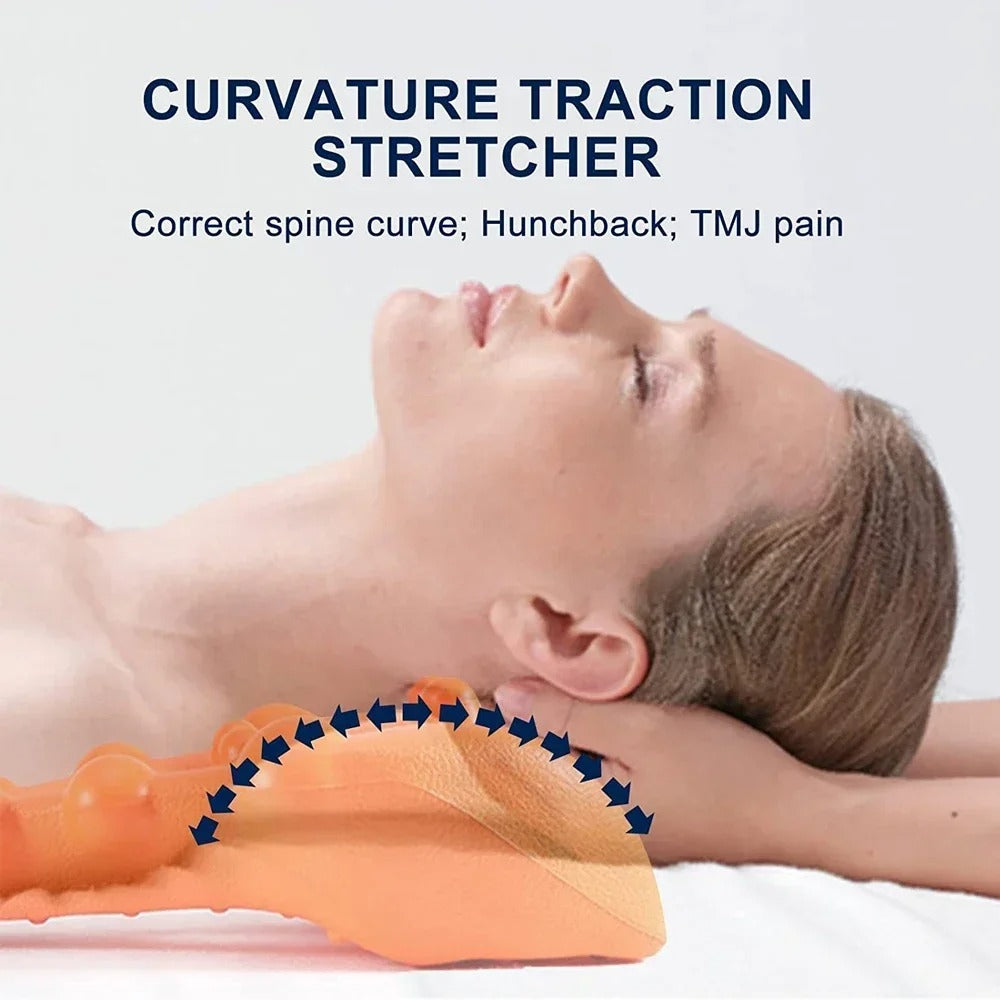 Fitlybuy orange cervical neck stretcher supporting a woman’s neck to correct posture and relieve spine pain.