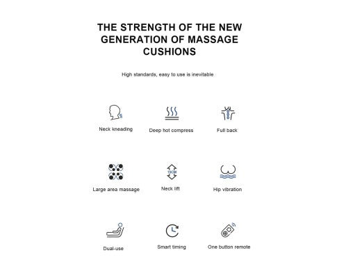 Fitlybuy massage cushion features icons for neck kneading, heat, full back massage, hip vibration, and remote control.