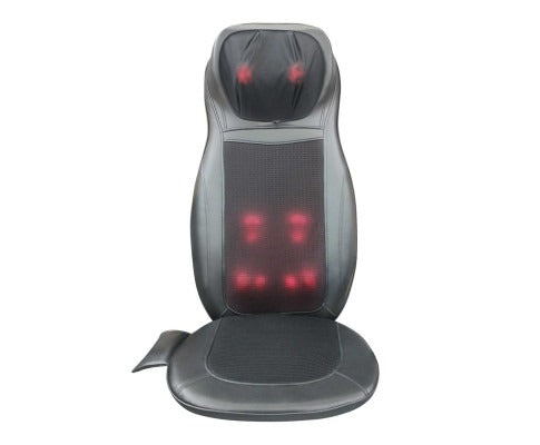 Black Fitlybuy shiatsu massage seat with red heat nodes visible through the mesh backrest against a white background.
