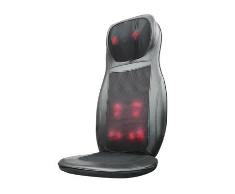 Fitlybuy black Shiatsu chair seat massager with ComfortWave technology and glowing red heat nodes on a white background.