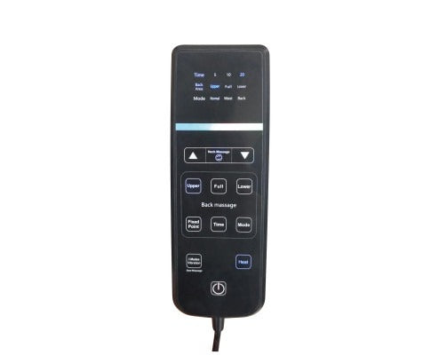 Black, handheld remote for Fitlybuy chair massager featuring touch buttons for heat, kneading, and back massage modes.
