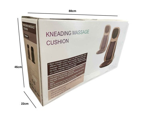 Fitlybuy brown kneading shiatsu massage cushion box showing product dimensions and features for home or car use.