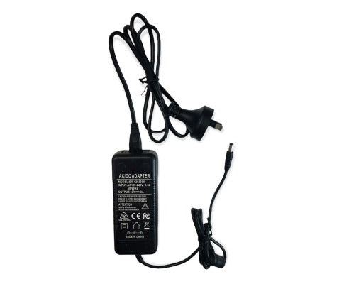 Black AC/DC power adapter for Fitlybuy chair massager with long power cable and three-prong wall plug.
