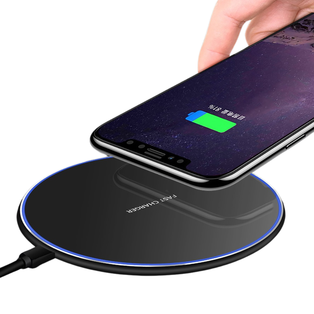 Black circular Fitlybuy 30W wireless charging pad with blue LED ring, charging a smartphone via USB-C.