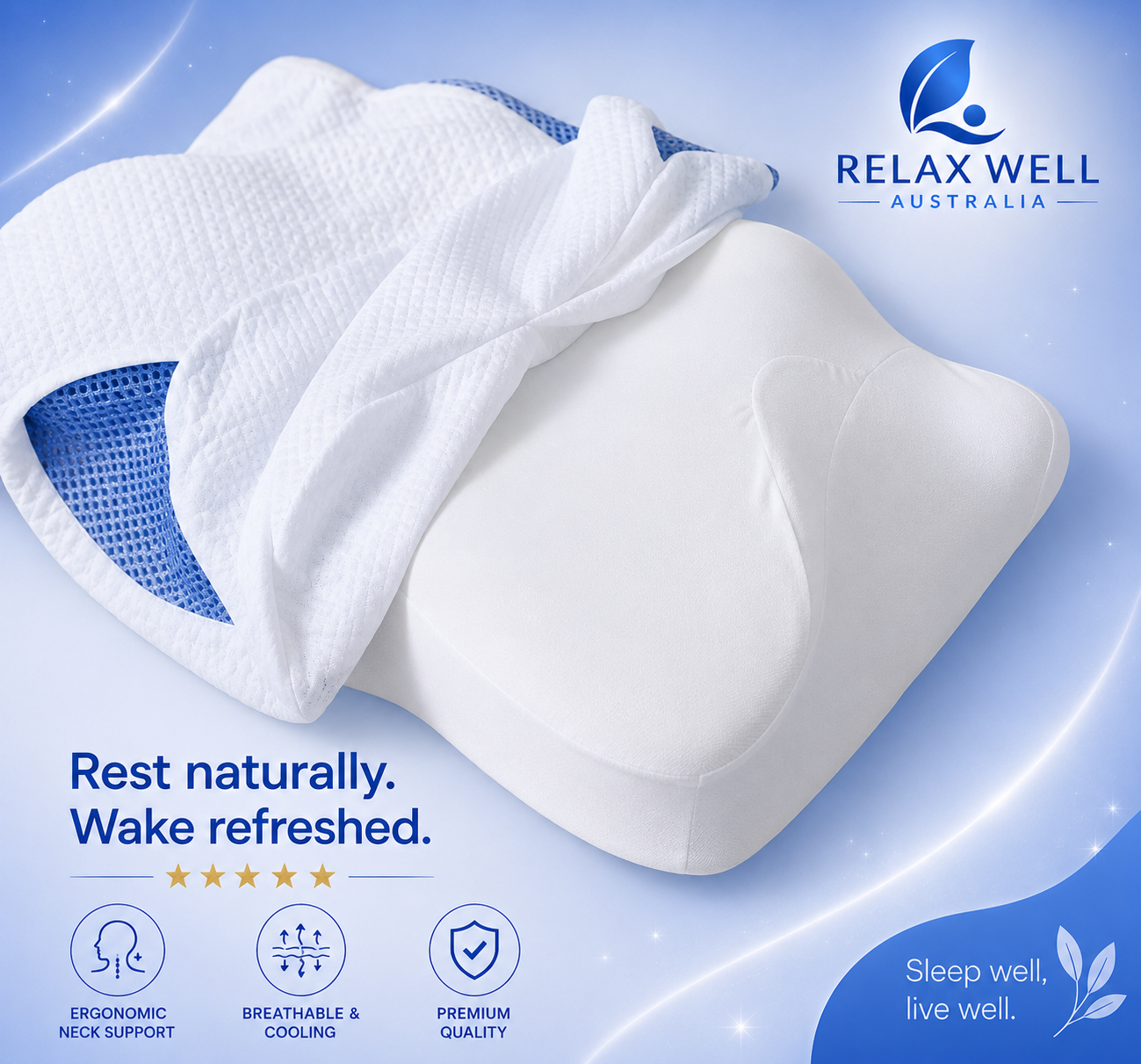 Fitlybuy butterfly pillow with white microfiber cover, blue mesh sides, and ergonomic neck support design.