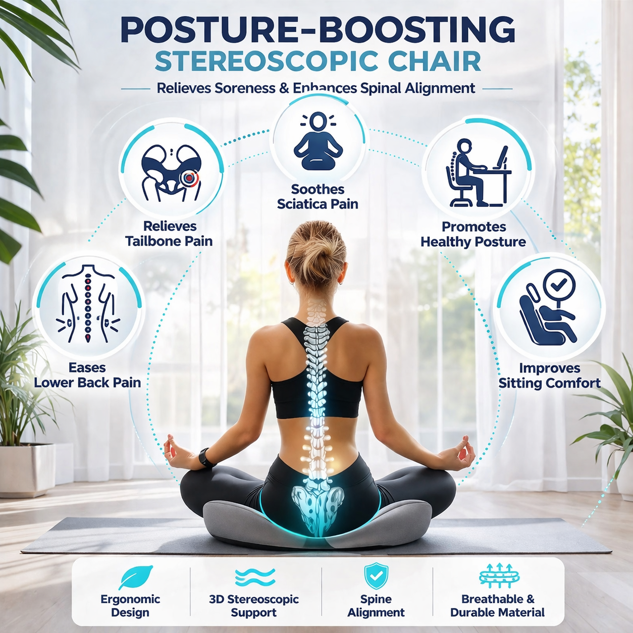 Fitlybuy ergonomic grey sciatica relief cushion shown with woman meditating to illustrate posture and spine support.