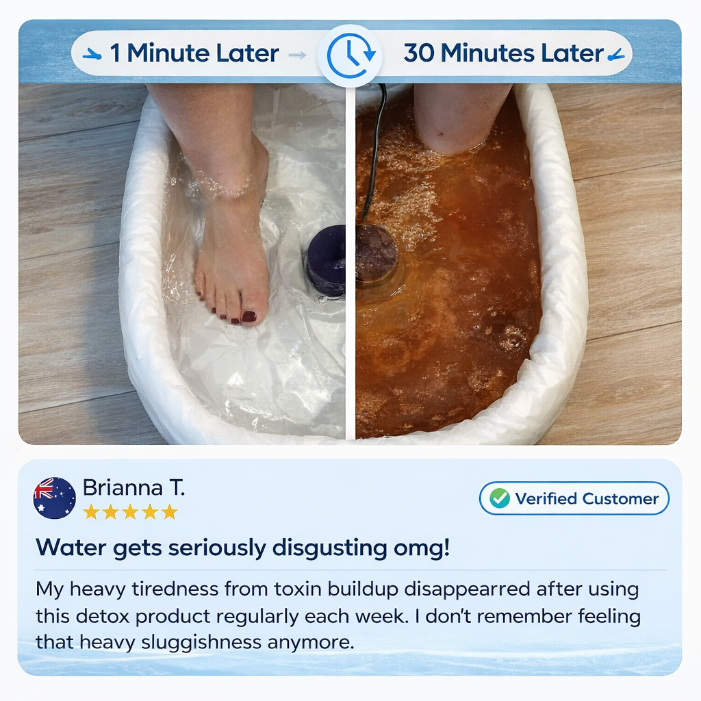 Before and after comparison of Fitlybuy ionic foot spa showing clear water turn brown during a 30-minute detox session.