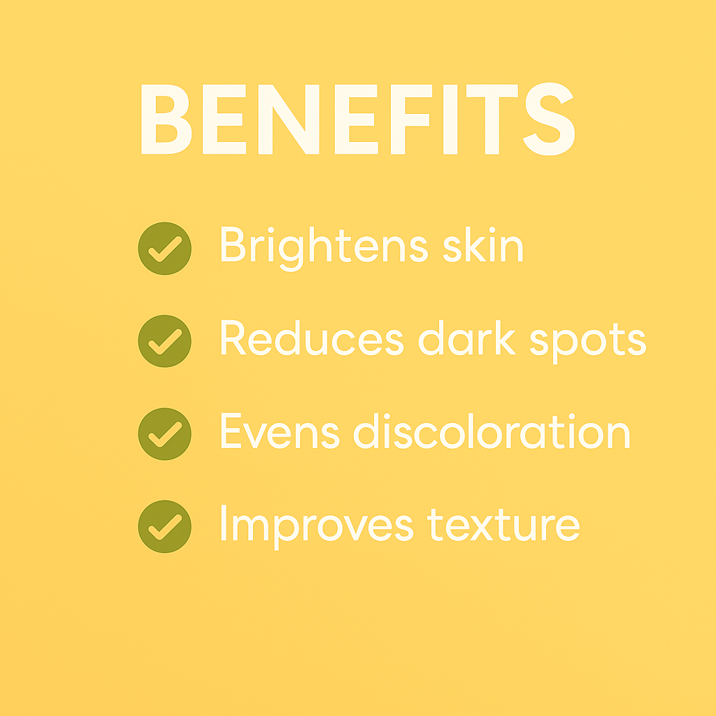 Yellow background graphic listing benefits of Fitlybuy Lemon Turmeric & Kojic-Acid Soap: brightens, reduces spots.