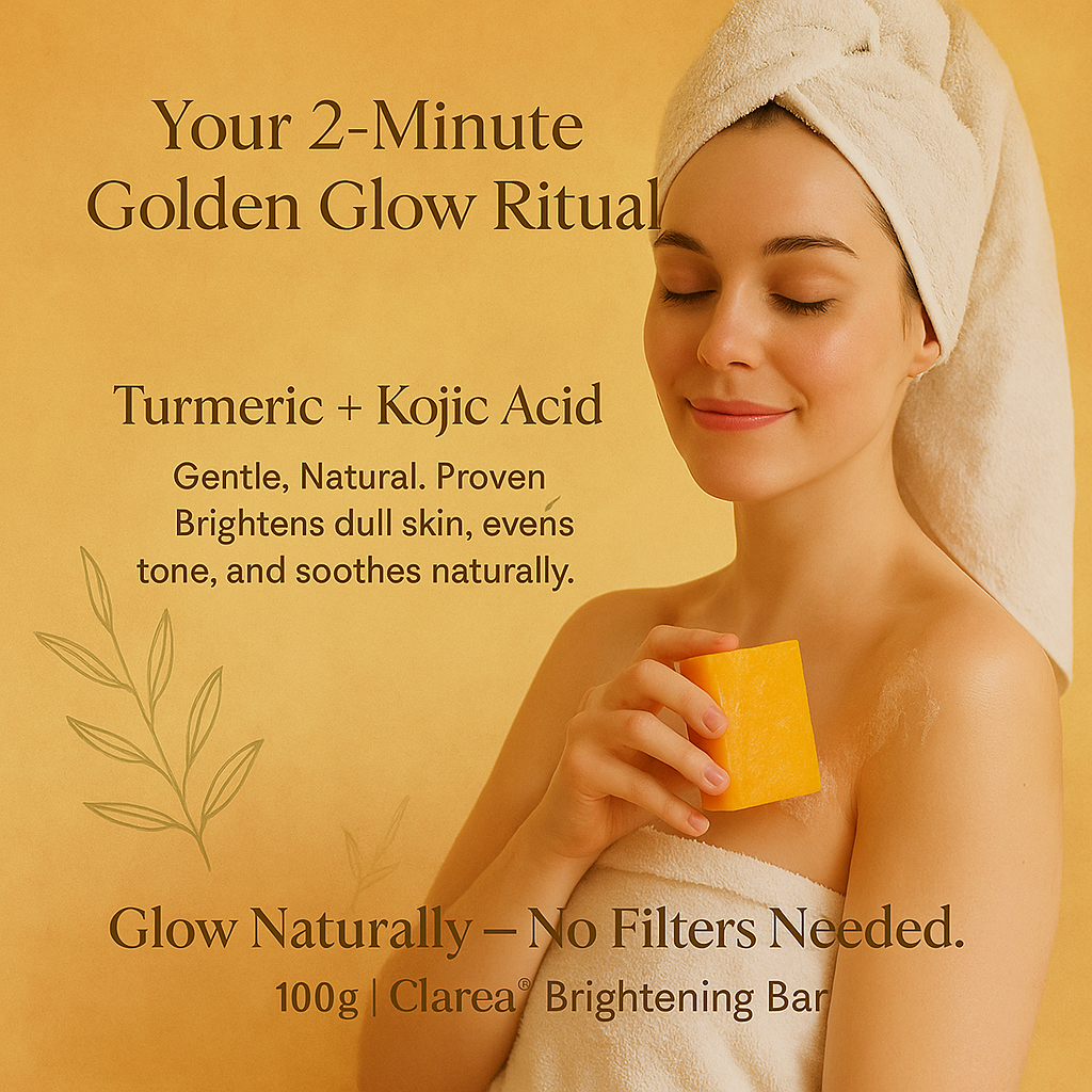 A woman with a towel on her head uses a yellow Fitlybuy turmeric and kojic acid brightening soap bar.