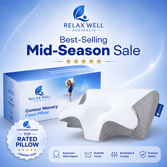 White ergonomic Fitlybuy contour memory foam pillow with grey sides and mesh, beside its branded product box.