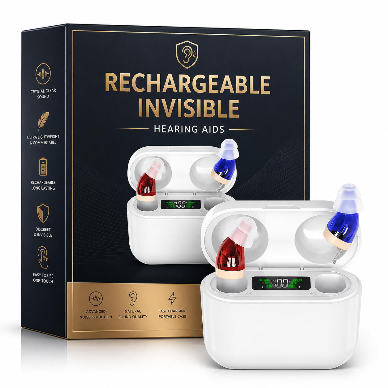 Fitlybuy rechargeable red and blue hearing aids in a digital display white charging case with product packaging.