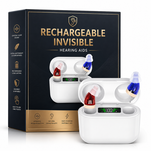 Fitlybuy rechargeable red and blue hearing aids in a digital display white charging case with product packaging.