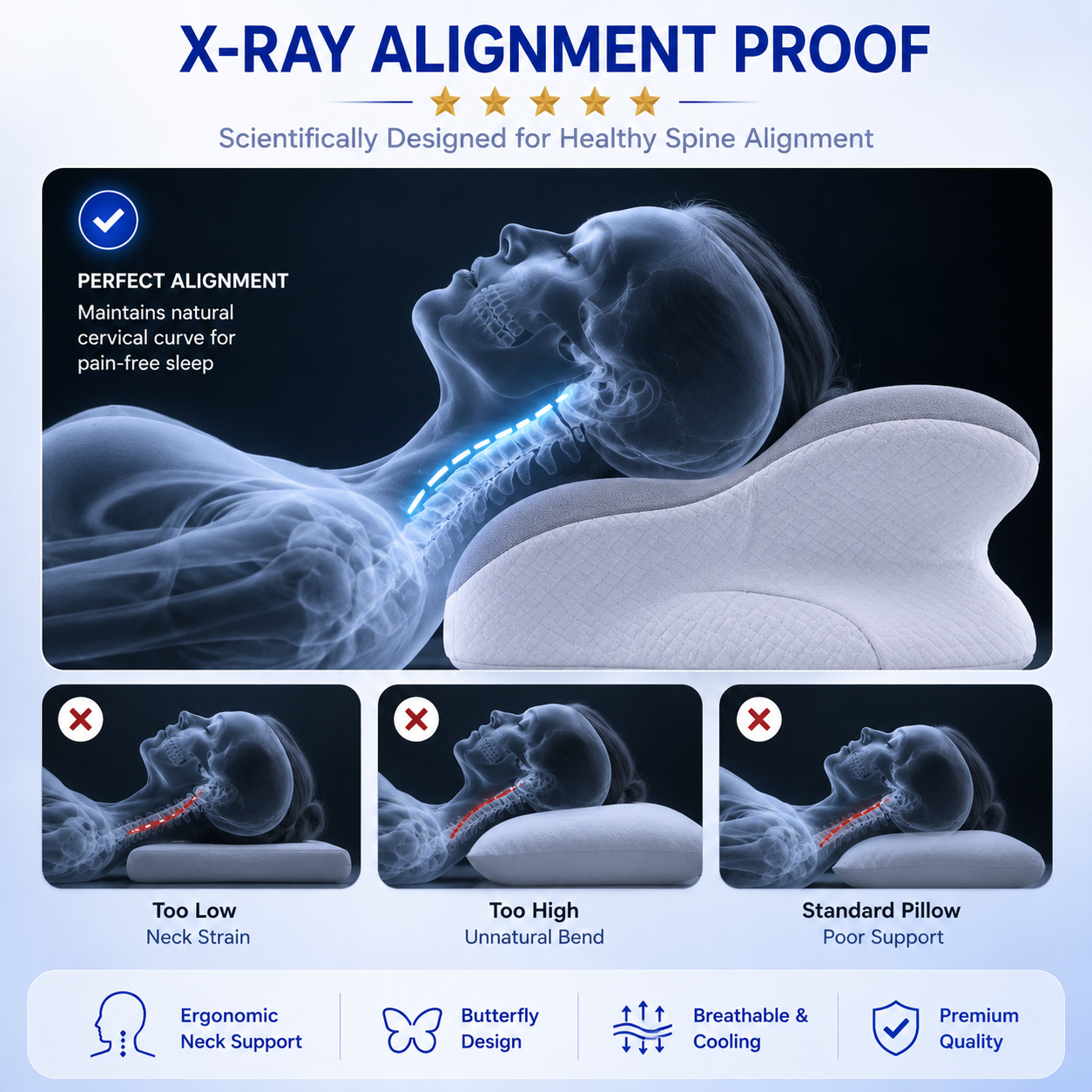 Fitlybuy orthopaedic pillow with ergonomic butterfly design showing x-ray spinal alignment for neck pain relief.