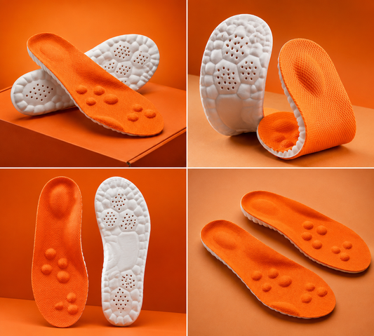Fitlybuy AirCloud Relief orange and white insoles with textured ComfortWave cushioning on an orange background.