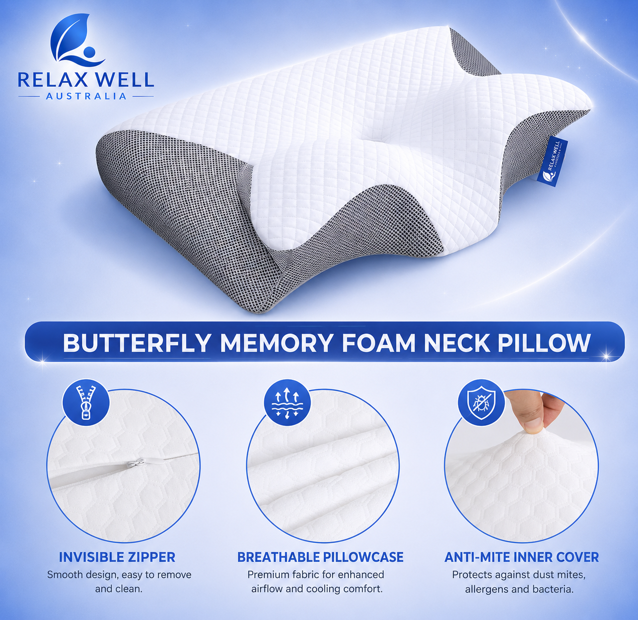 Fitlybuy butterfly memory foam neck pillow with ultra-soft white/gray fabric, zipper, and anti-mite cover features.