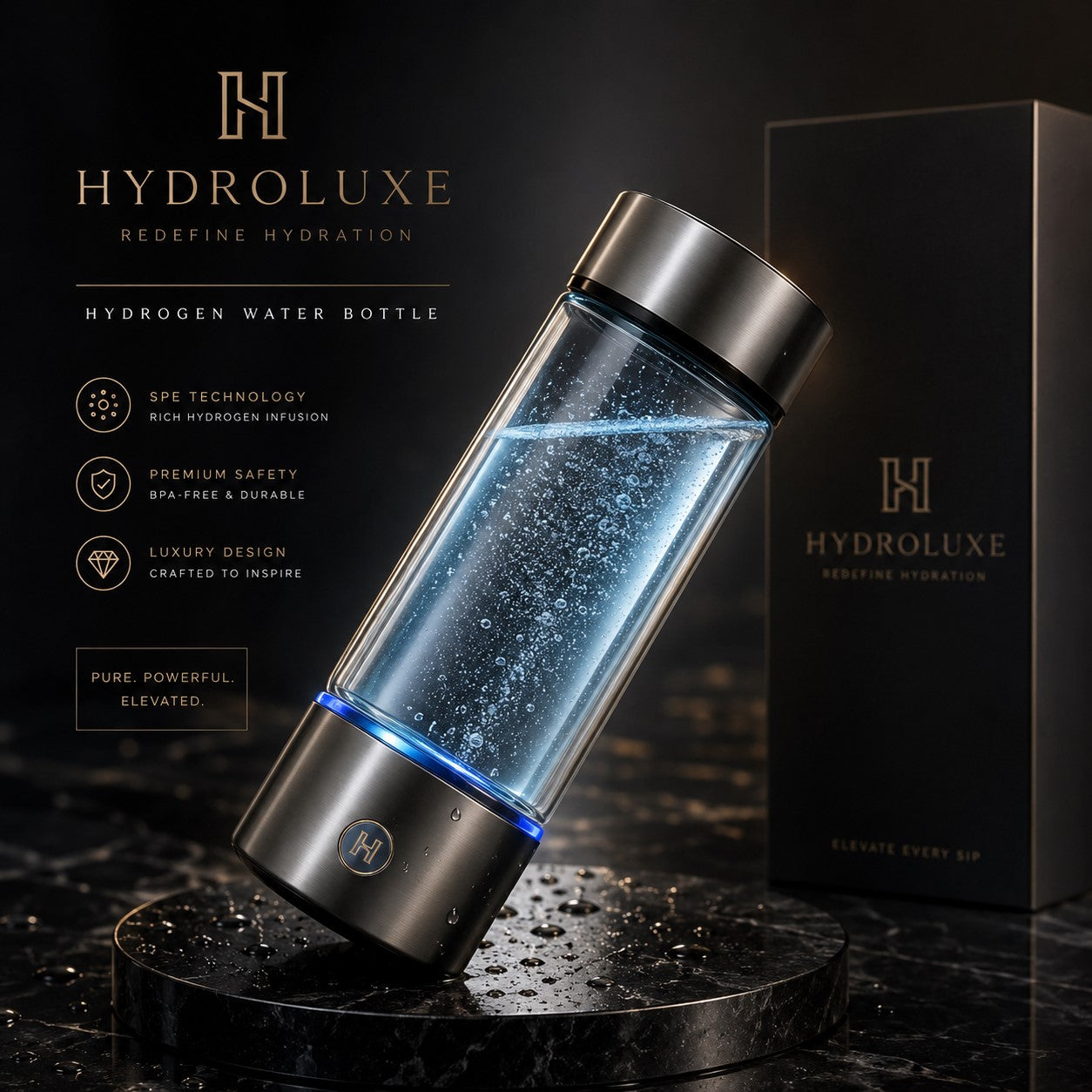 Fitlybuy hydrogen water bottle with electrolysis technology, shown with bubbling water, metallic base, and black box.