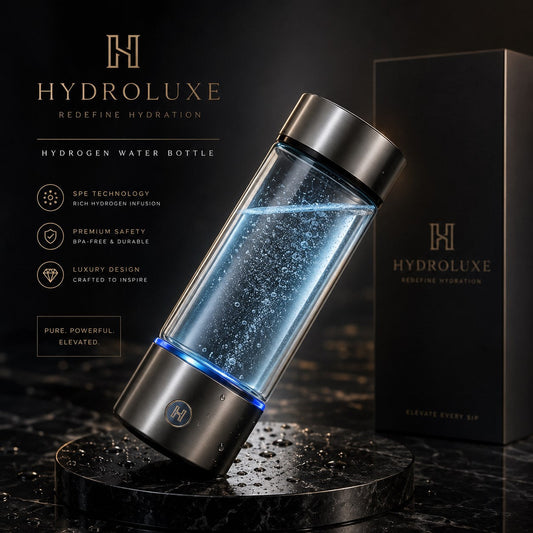 Fitlybuy hydrogen water bottle with electrolysis technology, shown with bubbling water, metallic base, and black box.