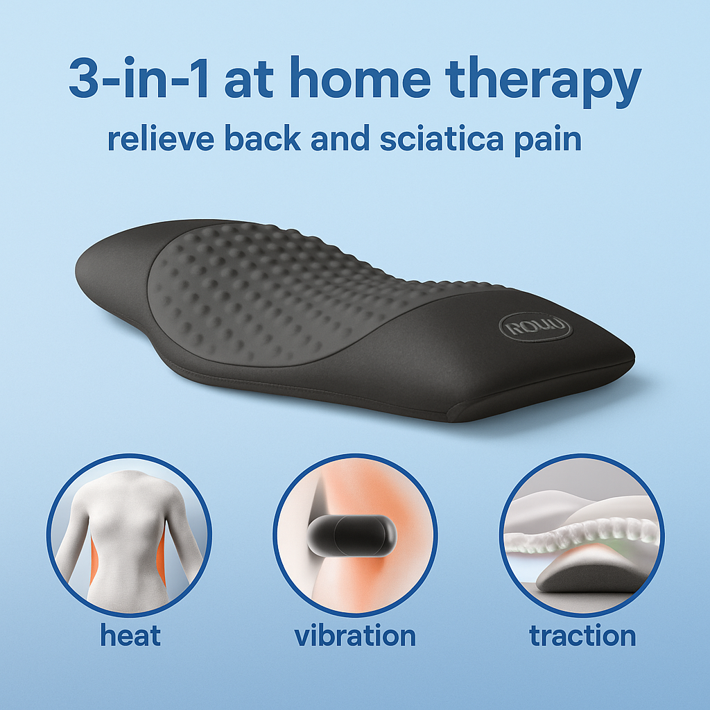 Black Fitlybuy wireless lumbar massager pillow with heat, vibration, and traction therapy for back pain relief.
