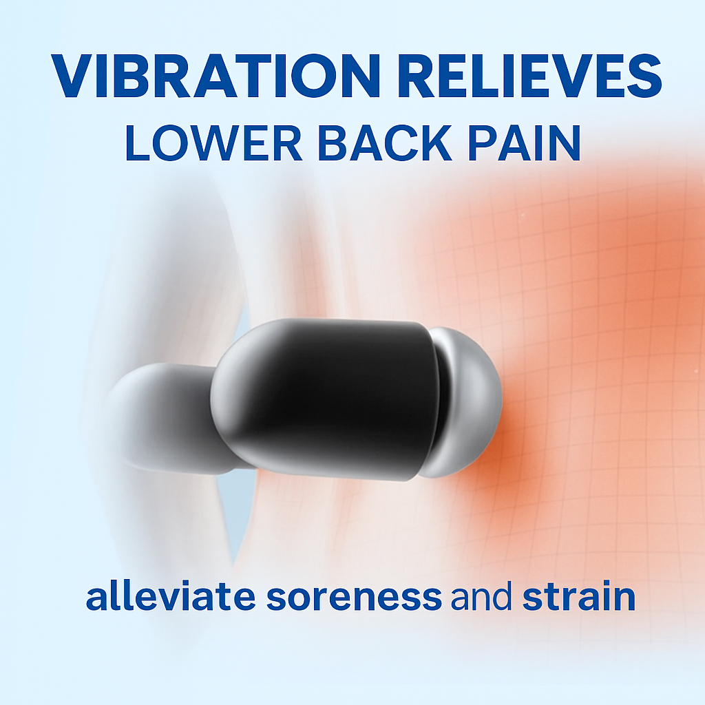 Fitlybuy black and silver wireless lumbar massager applying vibration therapy to lower back to relieve pain and soreness.