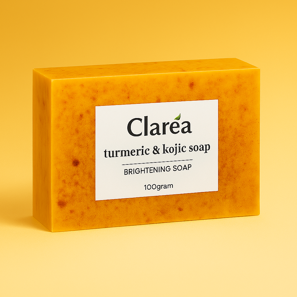 A 100g bar of orange Clareá turmeric and kojic acid brightening soap against a matching yellow background.