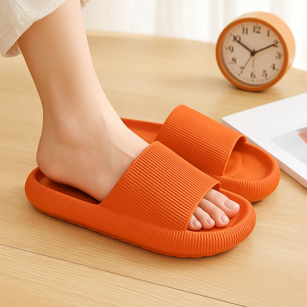 Fitlybuy orange cloud slippers with memory foam texture and ribbed strap on a desk with a clock.