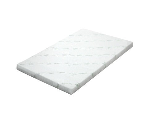 Fitlybuy white cool gel memory foam mattress topper with light green patterned cover isolated on a white background.